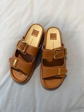 Dolce Vita Cognac Brown Leather Double-Buckle Slides
